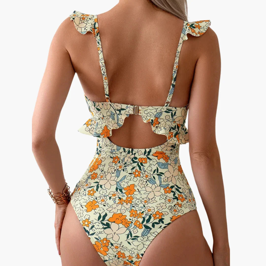 Women's Swimsuit - Floral One-Piece with Ruffles & Cut-Out