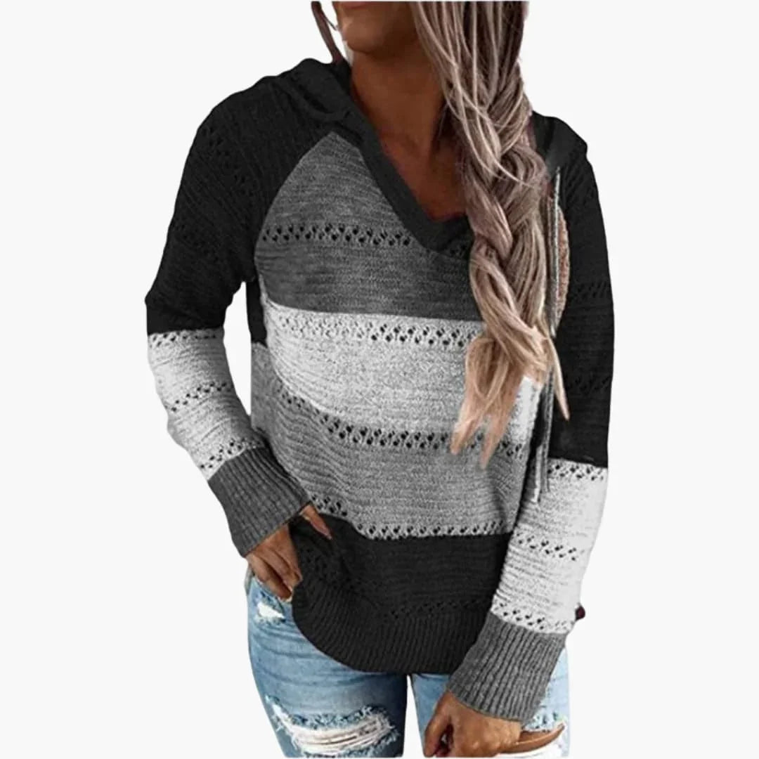 Bavane | Women's Hooded Sweater with V-Neck and Striped Surface