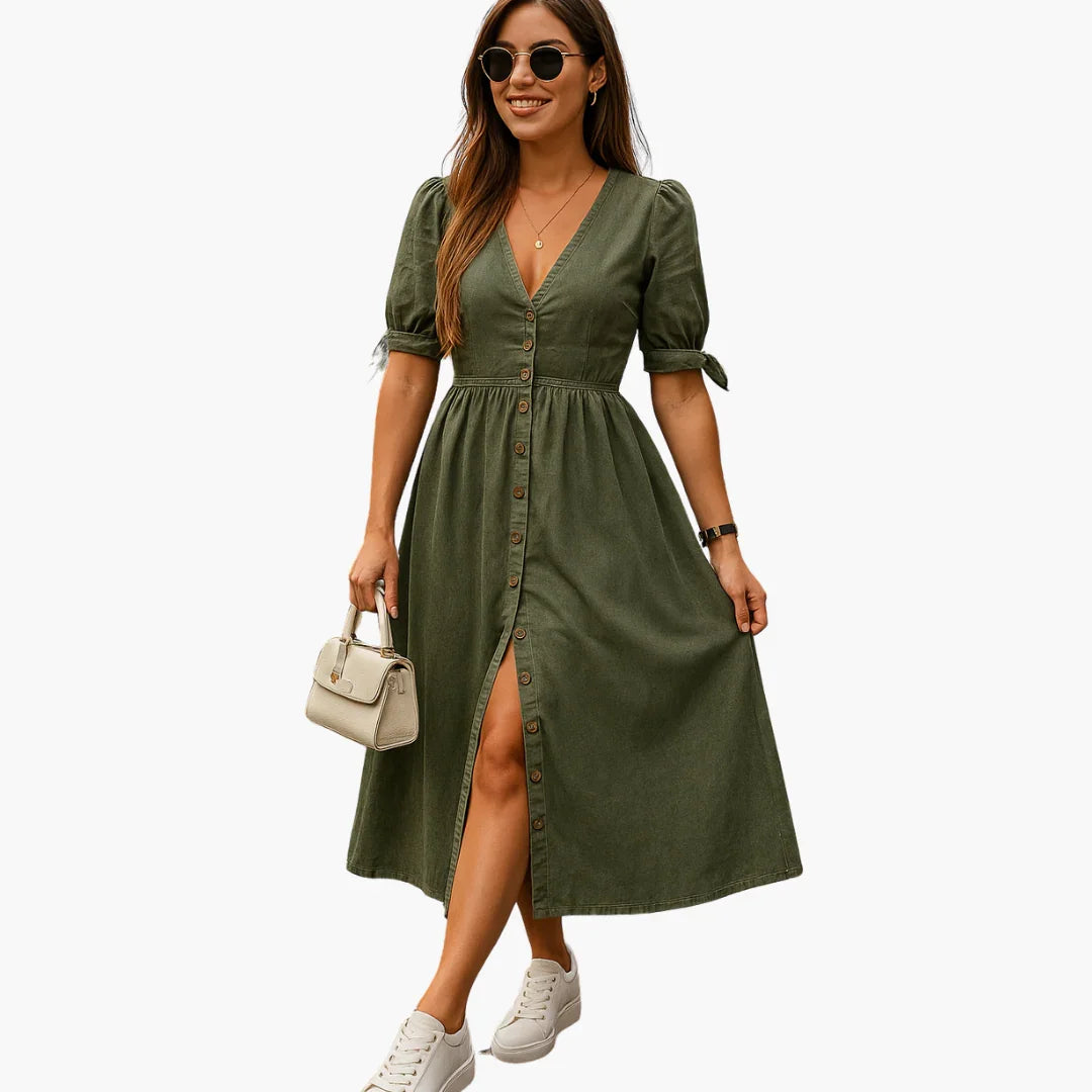 Midi Dress with Button Placket - Women's Fashion for Stylish Days