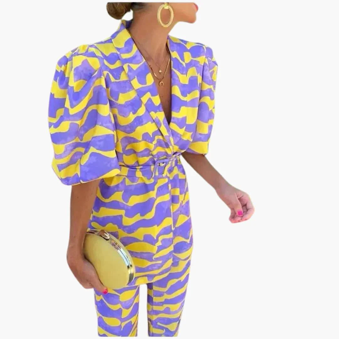 Women's Blazer Set with Print - Elegant Two-Piece with Puff Sleeves