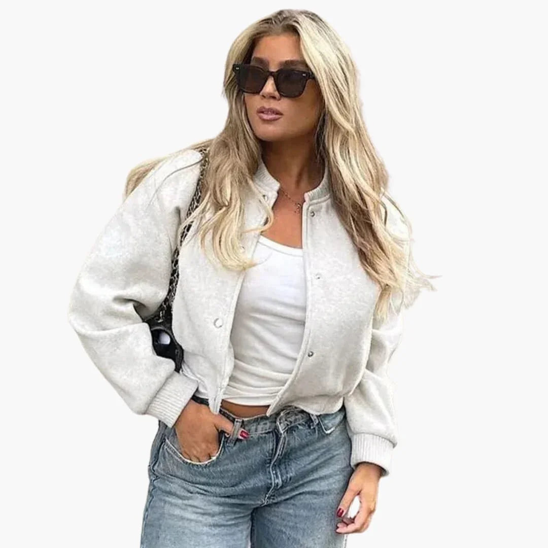 Women's Cropped Bomber Jacket with Button Closure and Side Pockets