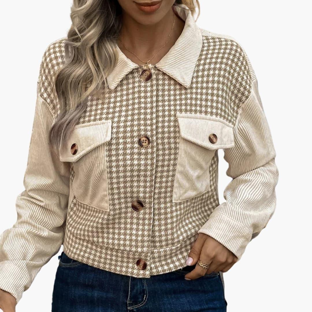 Women's Cord Jacket with Houndstooth Pattern and Button Details