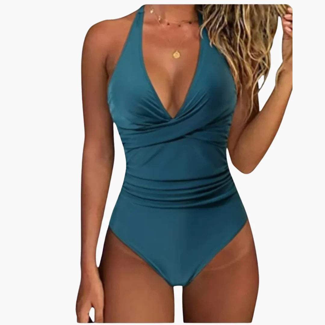 Checked Summer Swimsuit - Women's One-Piece with V-Neck