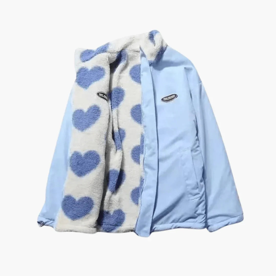 Reversible Women's Coat with Heart Pattern and Cozy Fleece