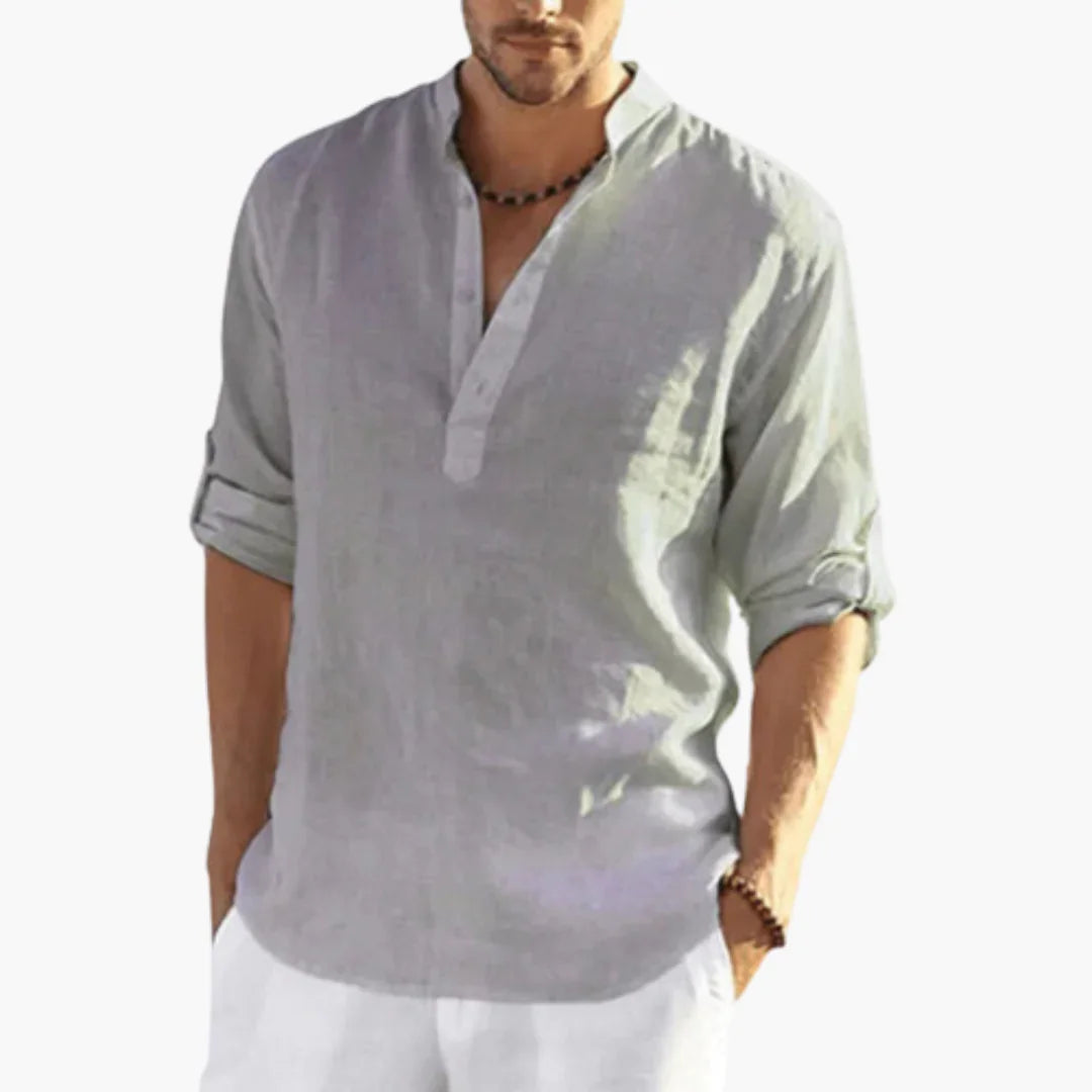 Stand Collar Linen Shirt with Button Placket for Men
