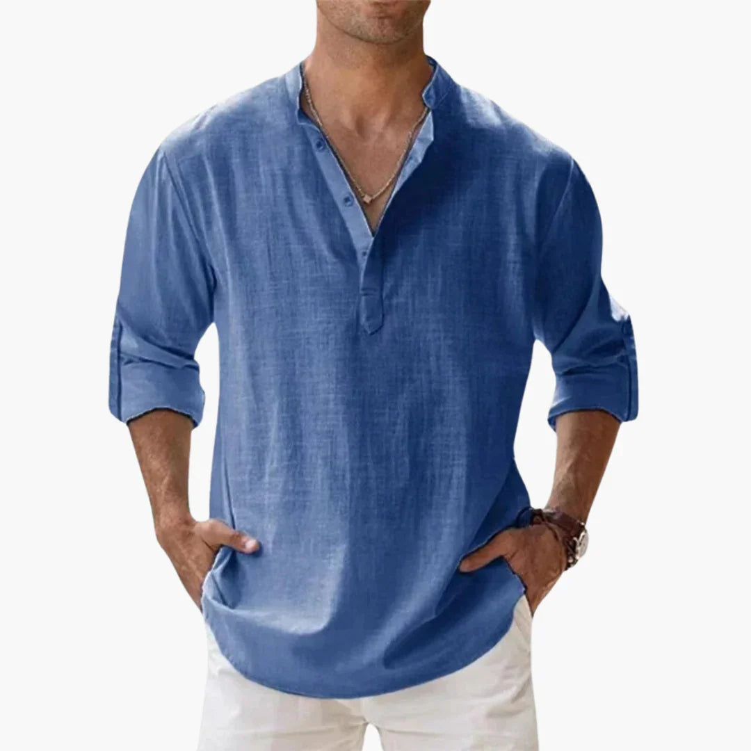 Casual Men's Linen Shirt  Long Sleeve, Henley Style