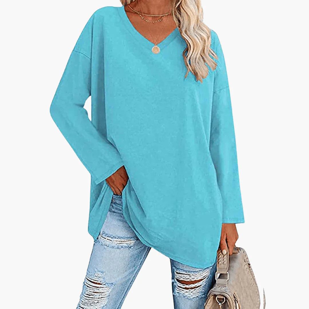 Ladies Oversized V-Neck Long Sleeve Shirt  Comfortable & Casual