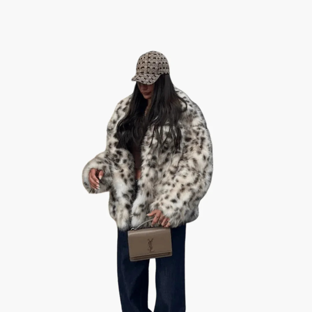 Women's Faux Fur Coat with Leopard Print  Chic & Warm
