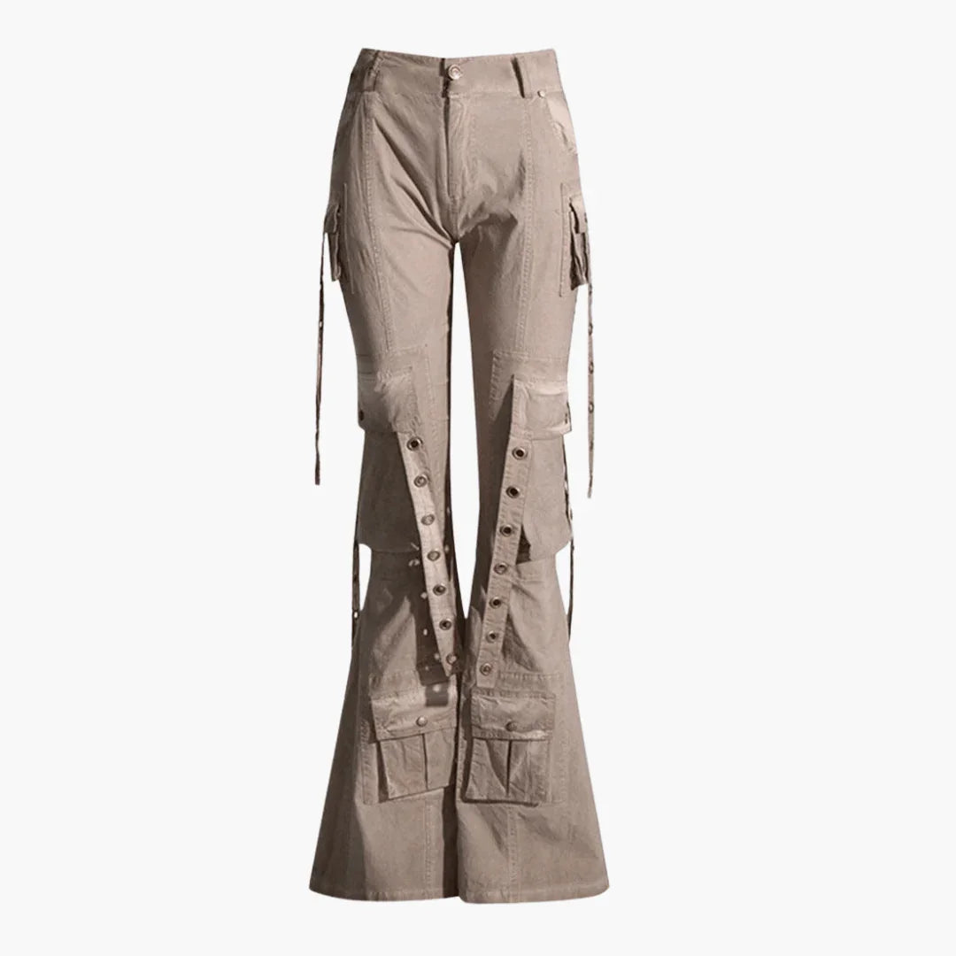 Cargo Pants for Women with Lacing  Beige Flared Pants