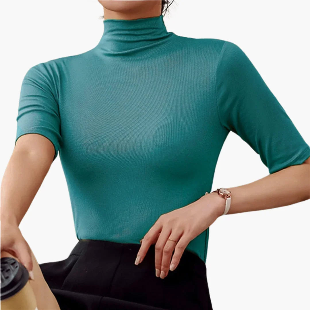 Women's Turtleneck Sweater with Half Sleeves and Seamless Design
