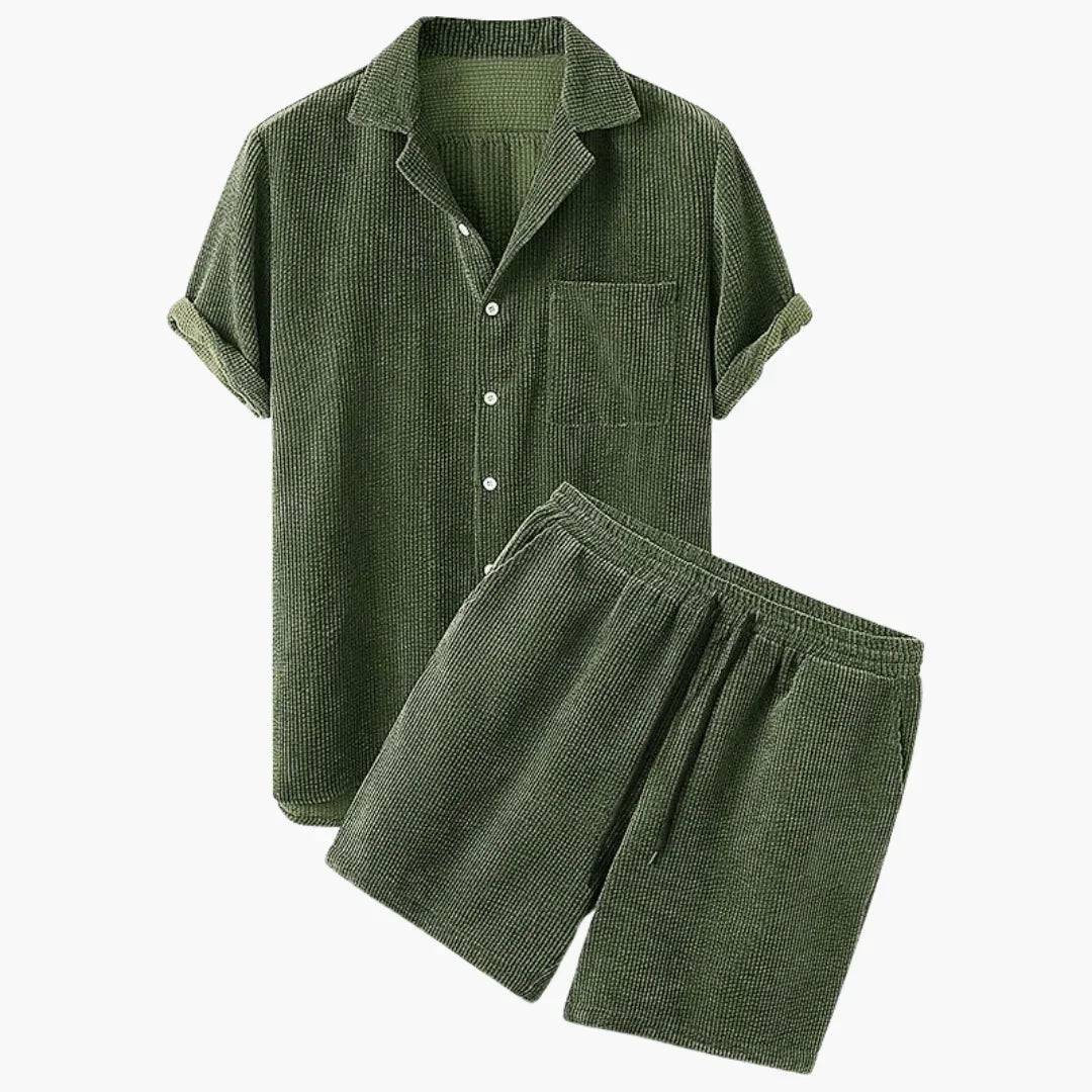 Cord Two-Piece Set for Men  Short Sleeve Shirt with Shorts