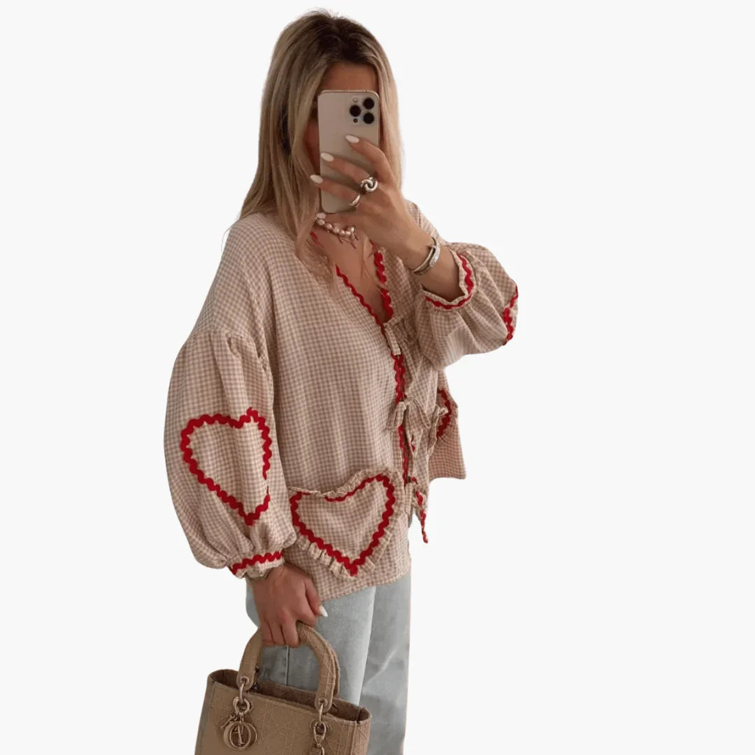 Women's Gingham Blouse with Heart Pockets  Summer Blouse