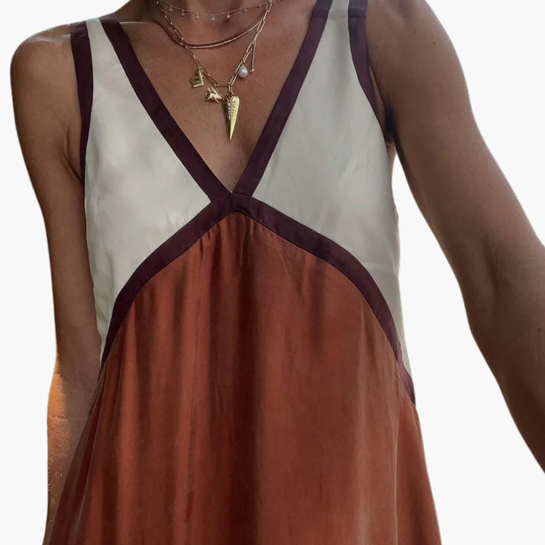 Light V-Neck Maxi Dress for Women - Color Block Design