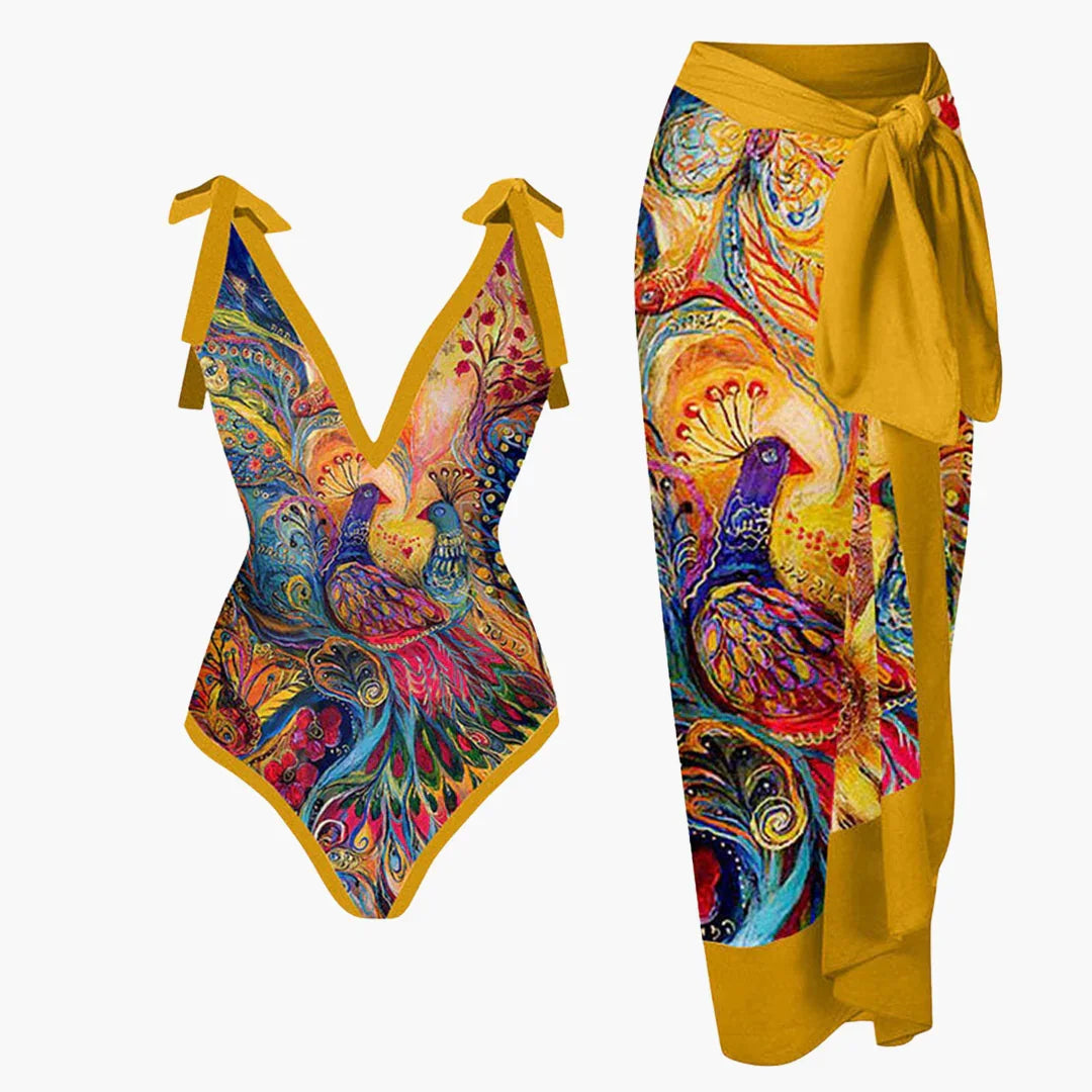 Women's Swimsuit Set - with Floral Pattern and Pareo Cover-up