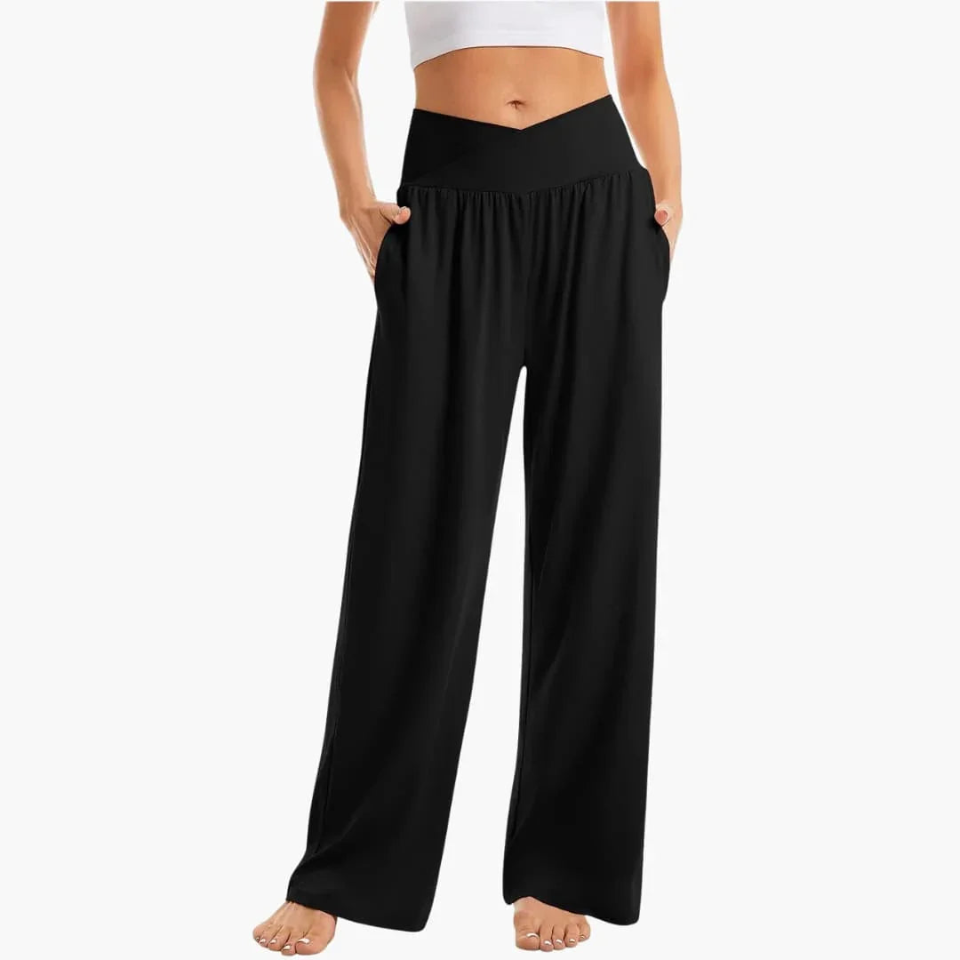 Women's Wide-Leg Pants with Crossed Waistband and Side Pockets