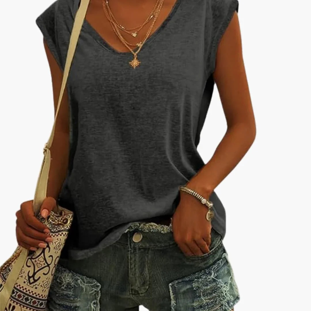Womens V-Neck Top with Cap Sleeves and Stretch Material