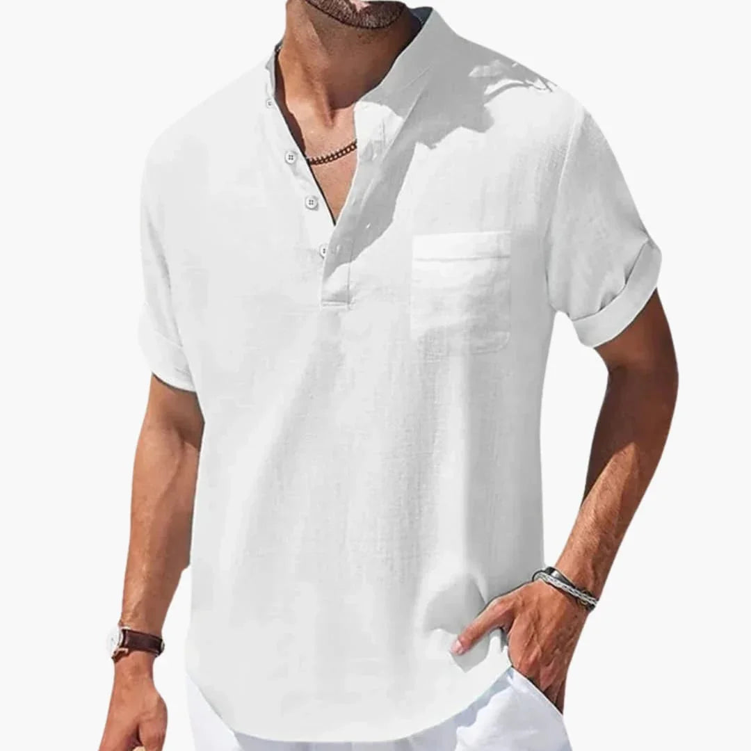 Men's Summer T-Shirt with Button Placket and Stand-Up Collar