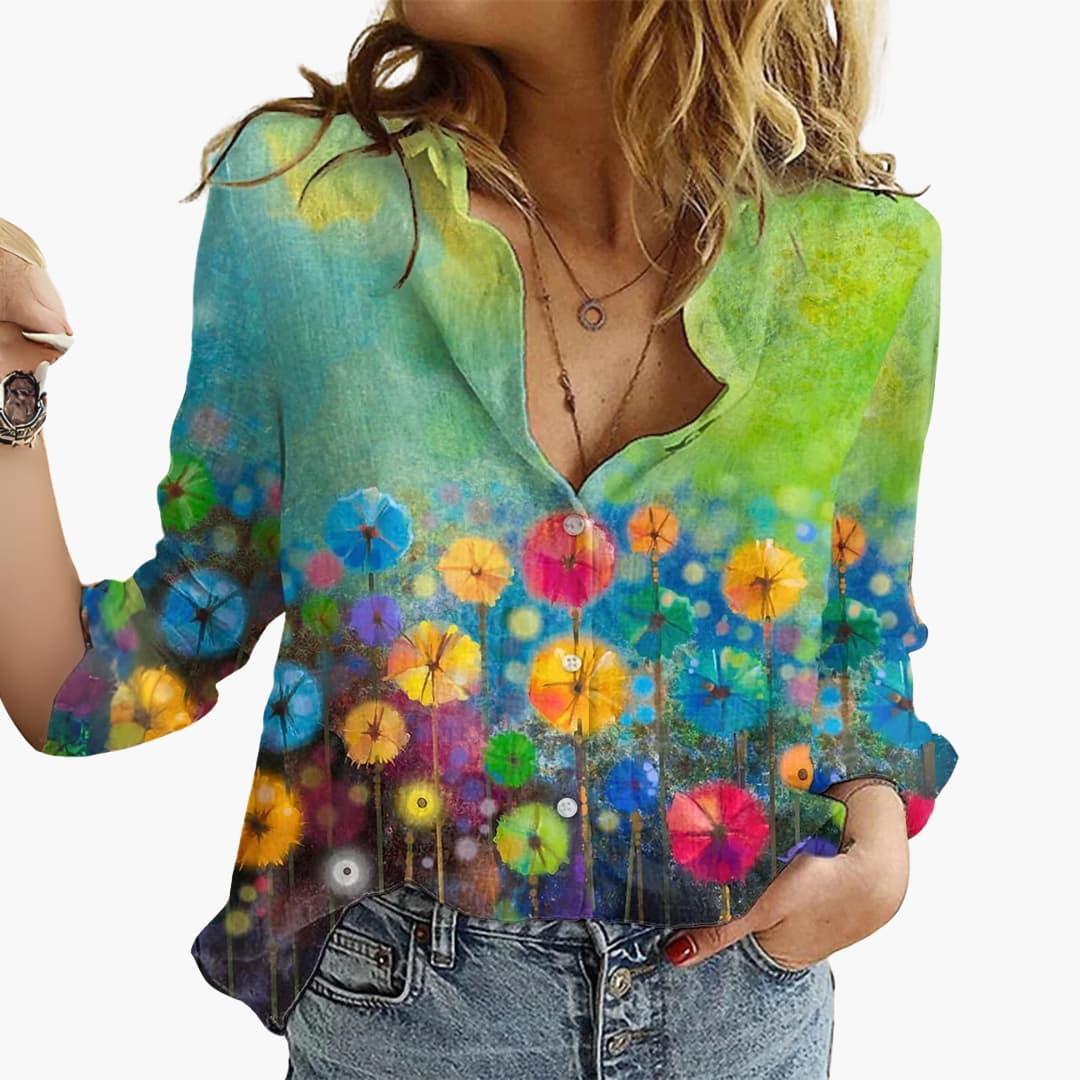 Artistically Printed V-Neck Blouse - Women's Casual Look