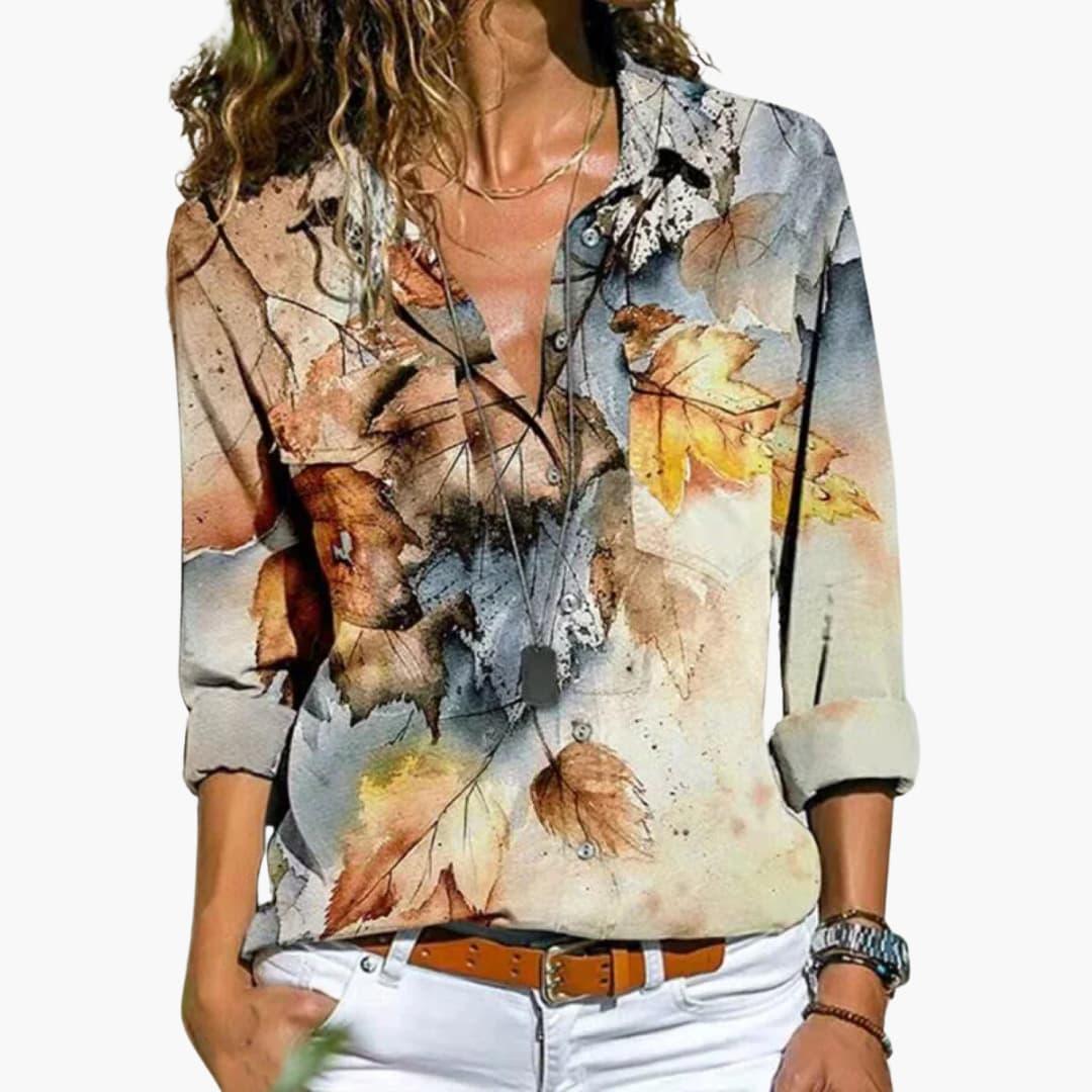Blouse with Floral Pattern - Women's Casual Look with Contrast