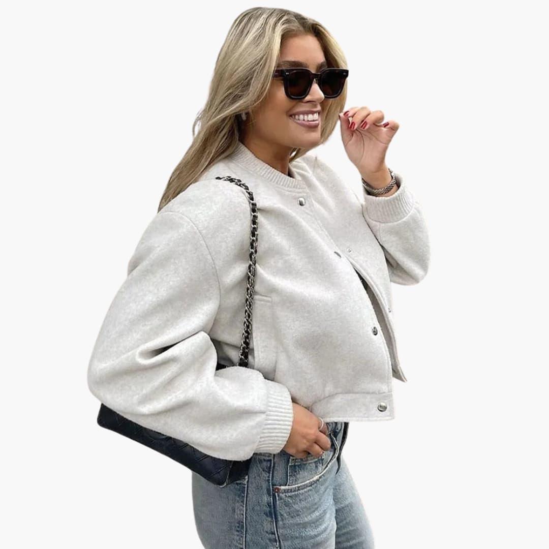 Women's Cropped Bomber Jacket with Button Closure and Side Pockets