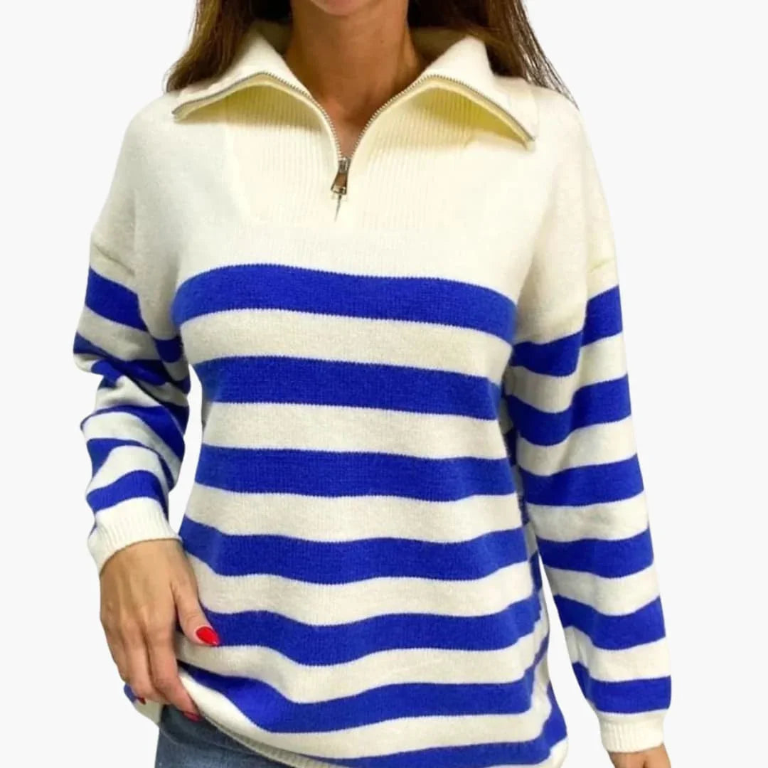 Striped Zip-Up Sweater for Women with Stand Collar
