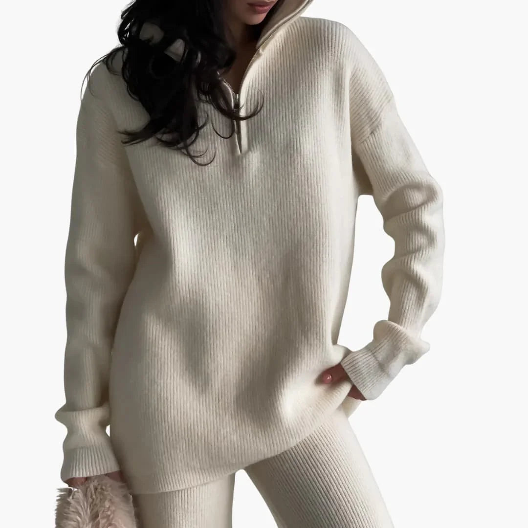 Bavane | Women's Ribbed Knit Sweater with Short Zip Collar