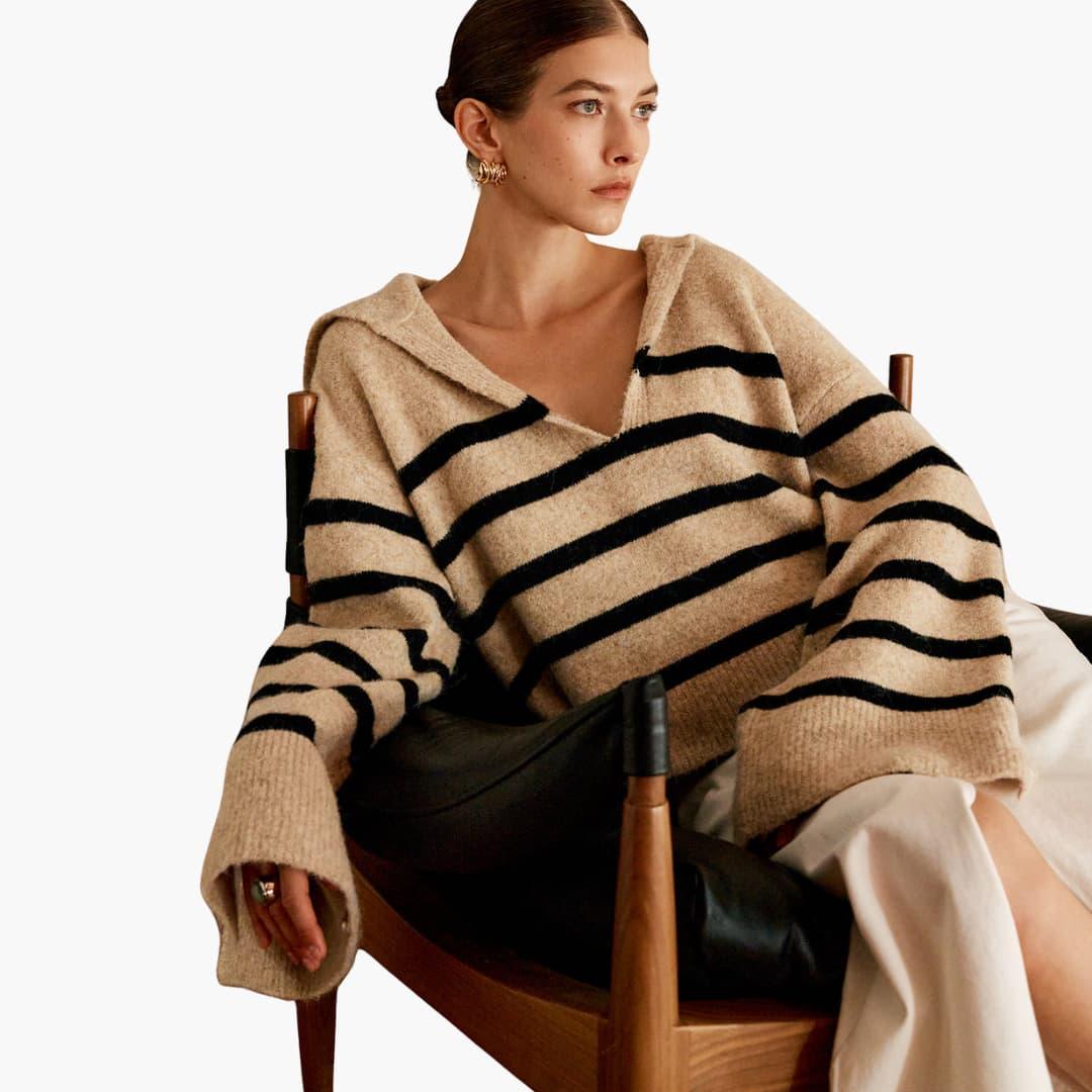 Women's sweater with V-neck and striped surface