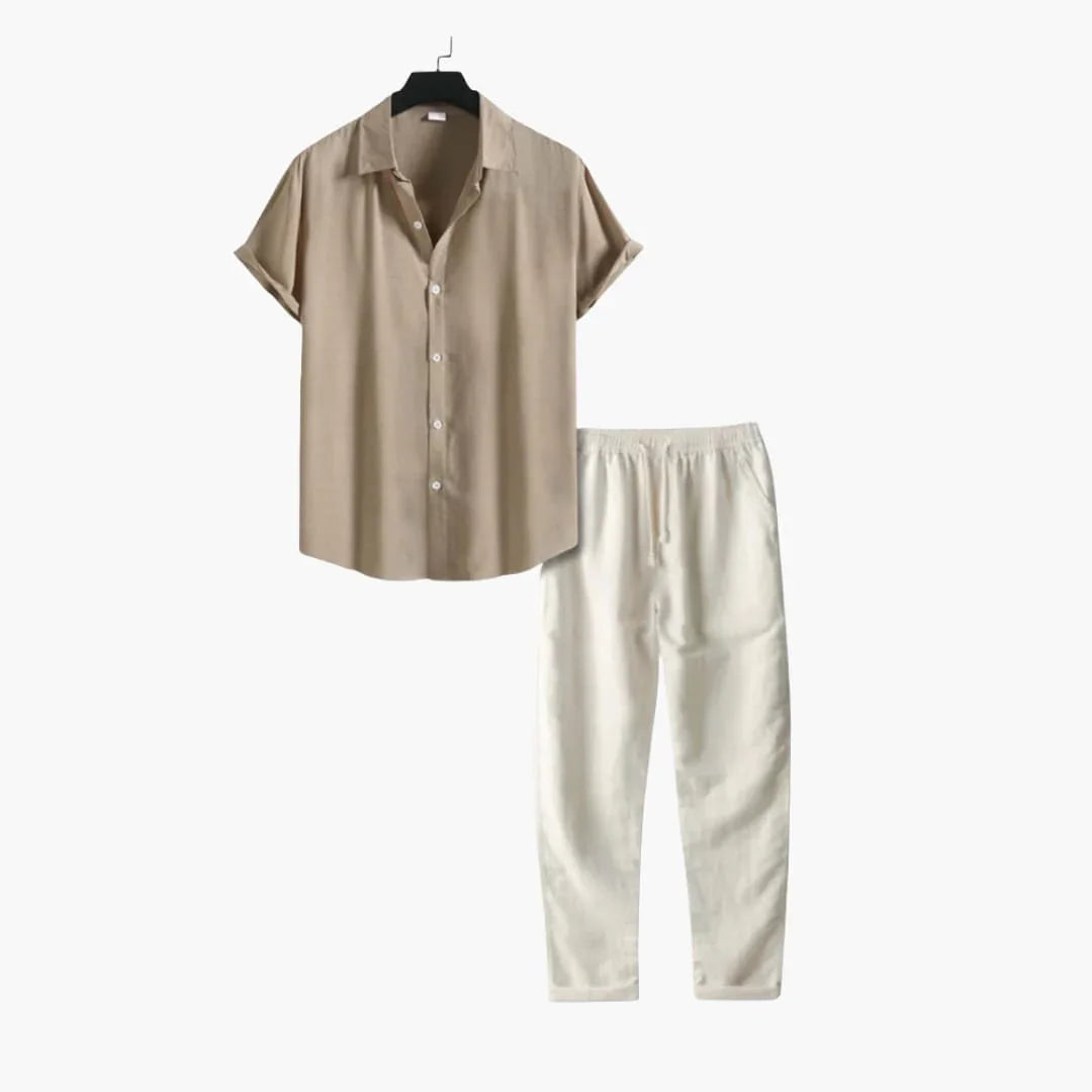 Men's Summer Pajama Set with Short Sleeve Shirt and Long Pants