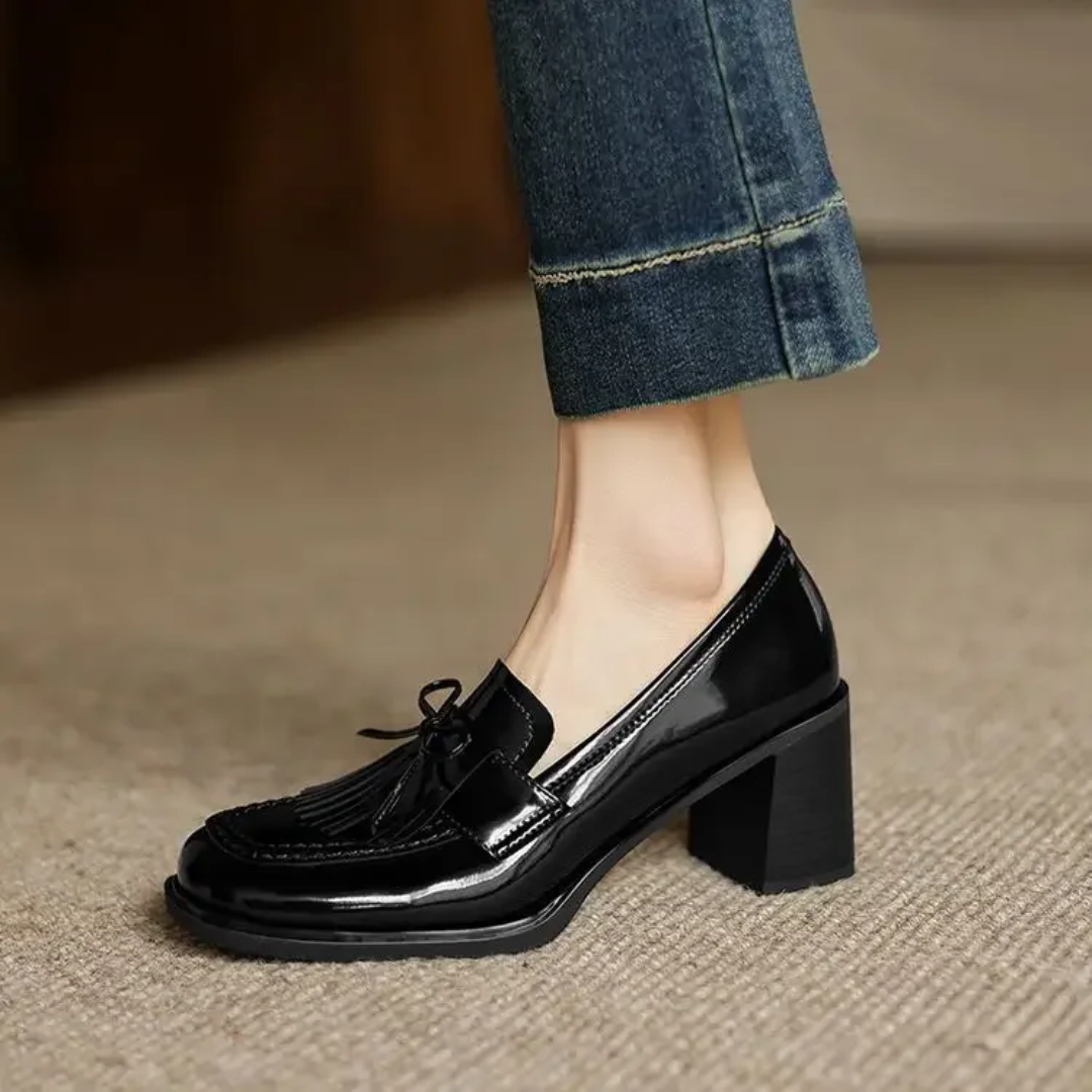 Women's Loafer Pumps with Tassel Detail and Block Heel