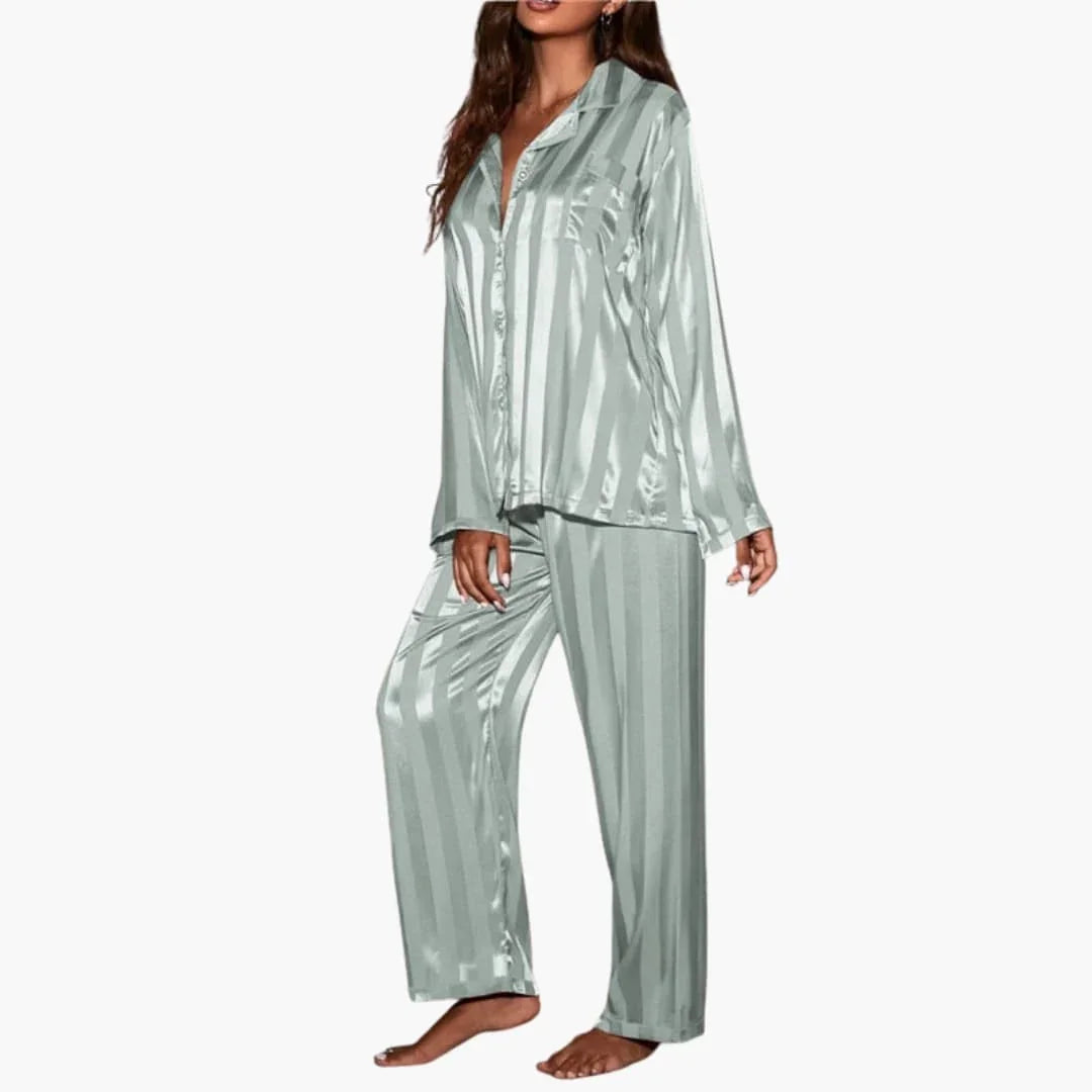 Women's Satin Pajama Set with Button Top and Striped Design