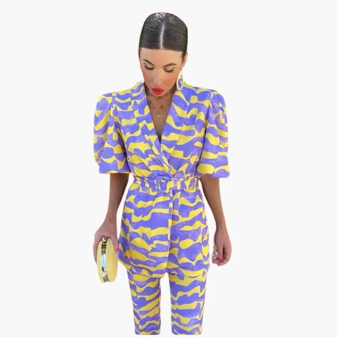 Women's Blazer Set with Print - Elegant Two-Piece with Puff Sleeves