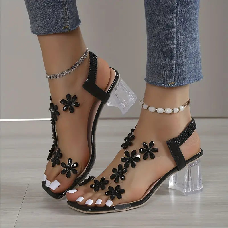 Women's Block Heel Sandals with Rhinestone Flowers and Cushioned Insole