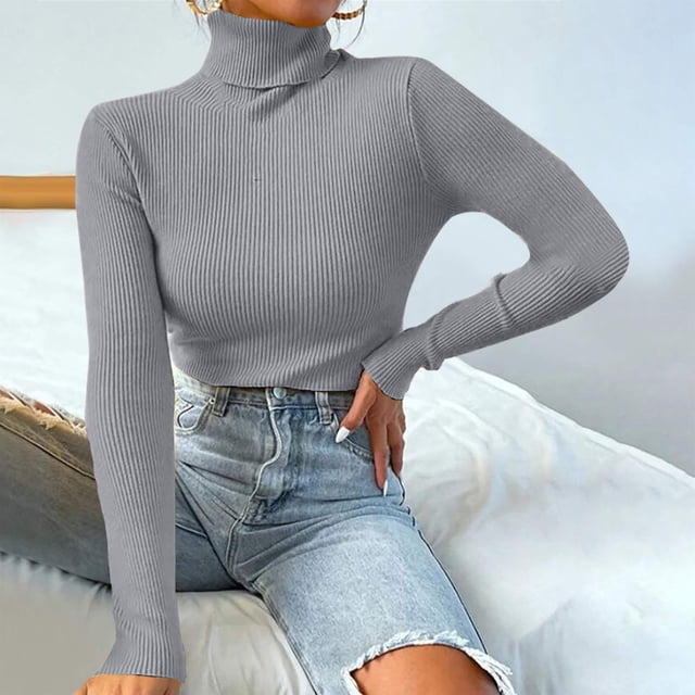Women's Turtleneck Sweater with Ribbed Surface and Long Sleeves