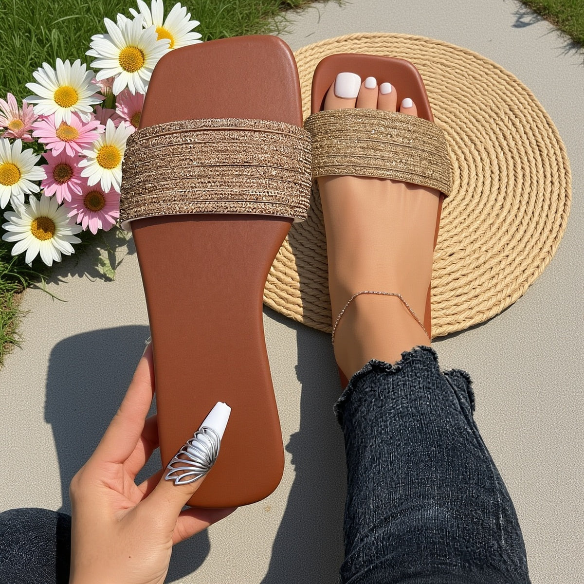 Bavane | Women's Slippers with Open Toe and Rhinestone Detail