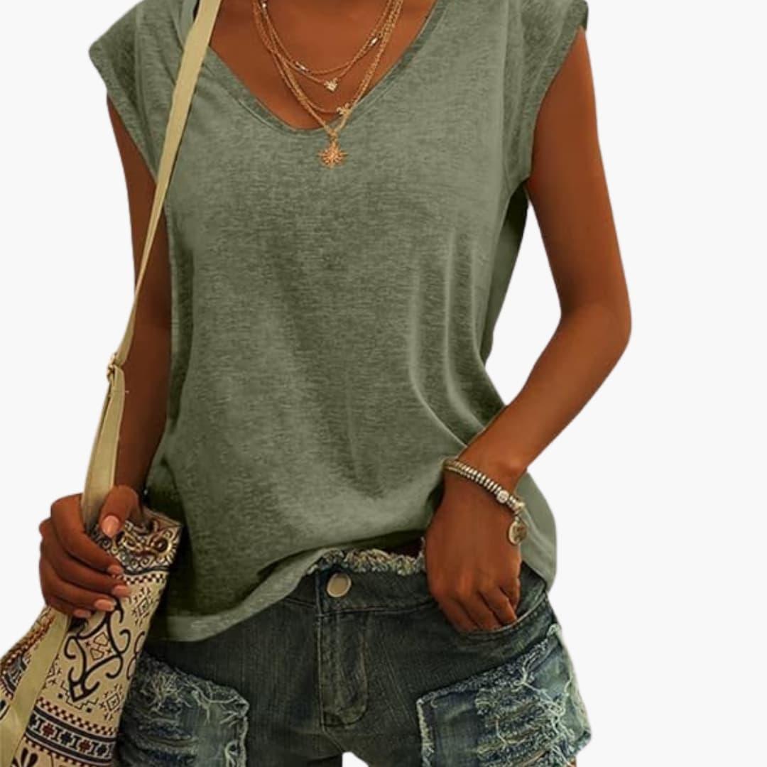 Bavane | Womens V-Neck Top with Cap Sleeves and Stretch Material