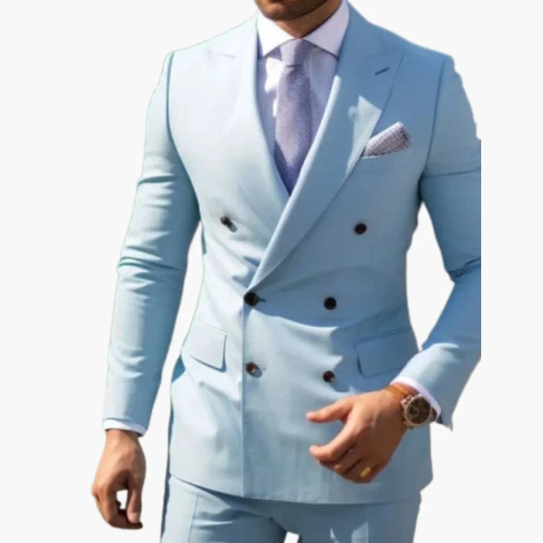 Men's Two-Piece Suit with Double-Breasted Jacket and Slim Fit Trousers