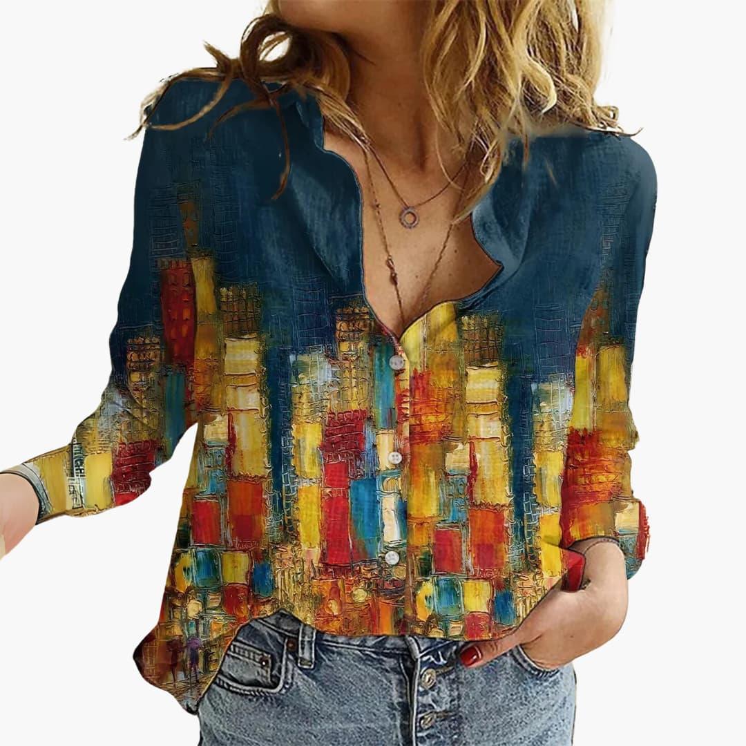 Artistically Printed V-Neck Blouse - Women's Casual Look