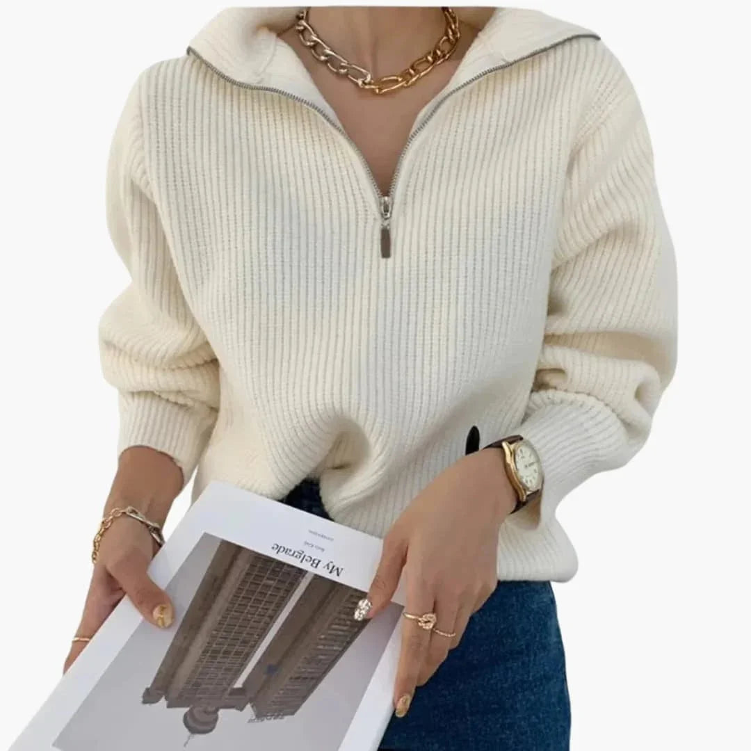 Women's Sweater with V-Neck and Zipper Detail