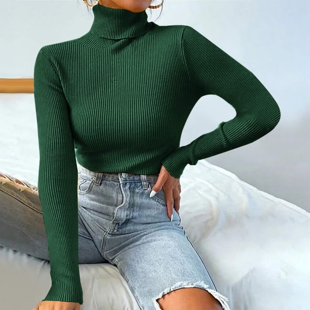 Women's Turtleneck Sweater with Ribbed Surface and Long Sleeves