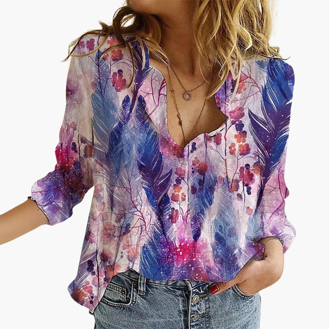 Artistically Printed V-Neck Blouse - Women's Casual Look
