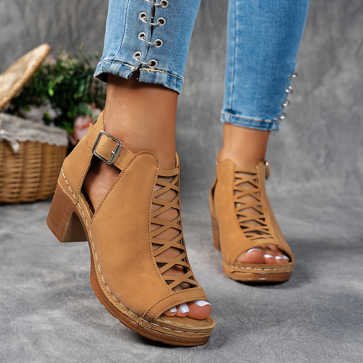 Women's Sandals with Lattice Heel and Adjustable Straps