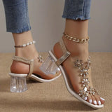Paloma | Women's Block Heel Sandals with Rhinestone Flowers and Cushioned Insole