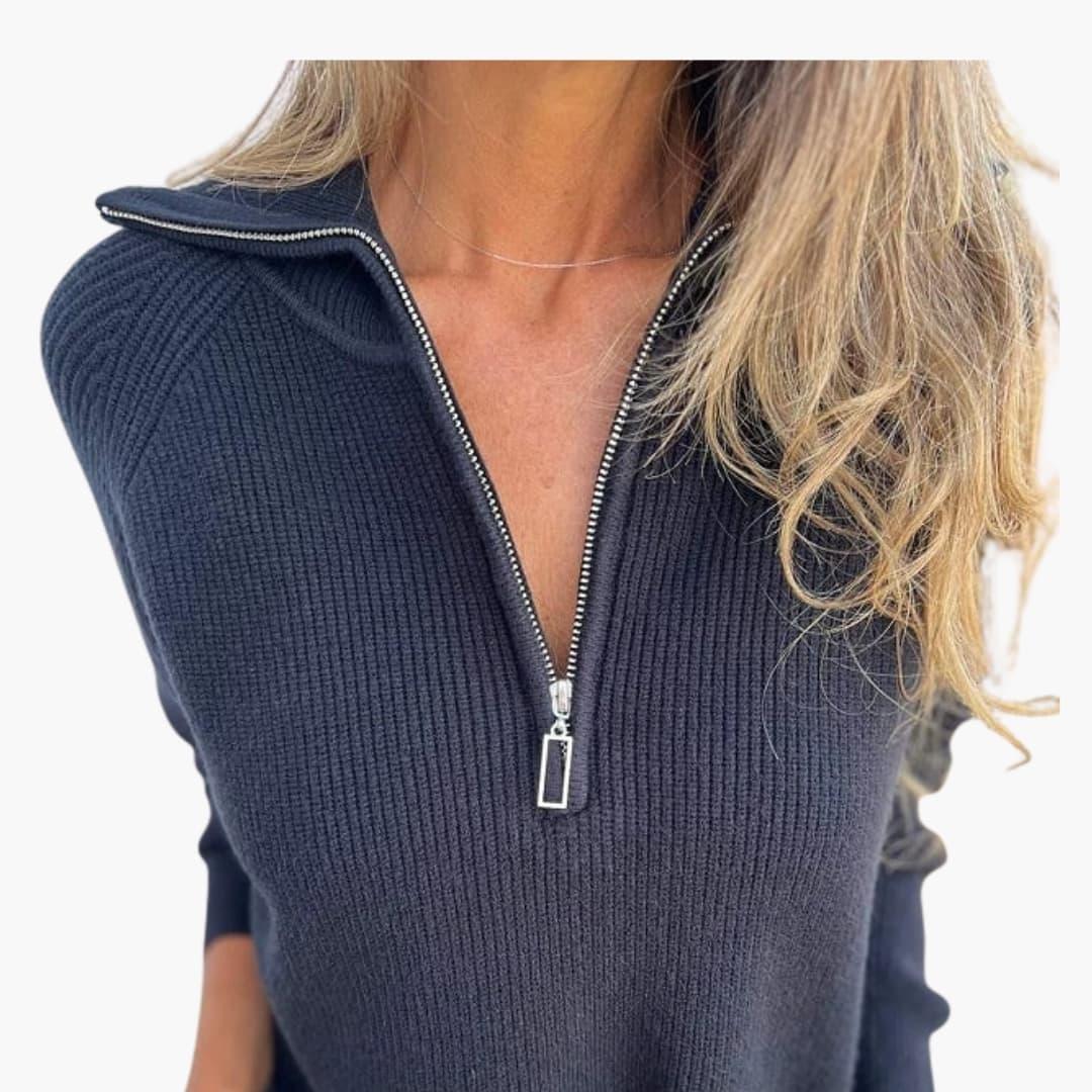 Women's Sweater with V-Neck and Zipper Detail