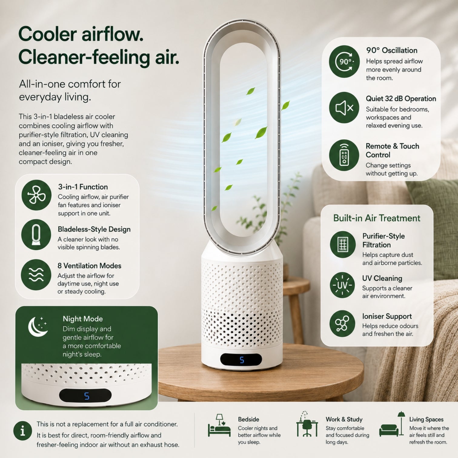 Bladeless Air Cooler & Purifier Fan