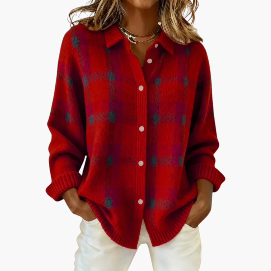 Women's Cardigan with Button Closure and Checkered Knit Pattern
