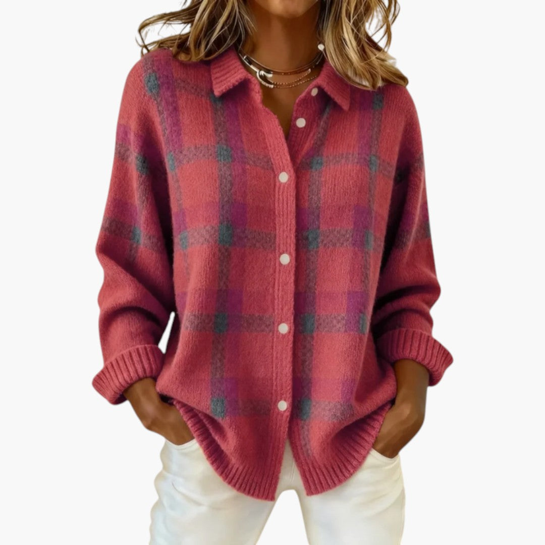Women's Cardigan with Button Closure and Checkered Knit Pattern