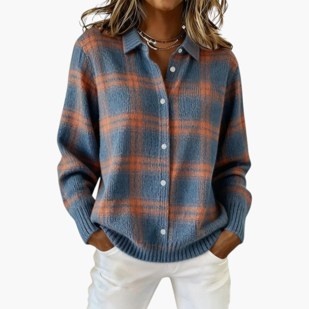 Women's Cardigan with Button Closure and Checkered Knit Pattern