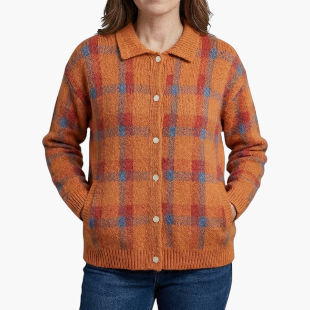 Women's Cardigan with Button Closure and Checkered Knit Pattern