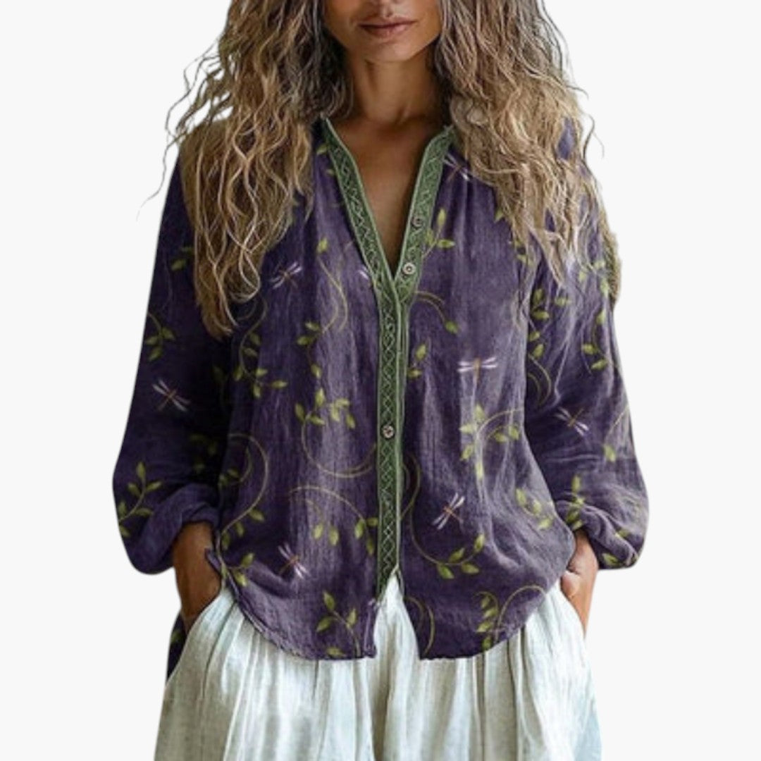 Bavane | Women's Long Sleeve Blouse with Draped Cut and Simple Neckline
