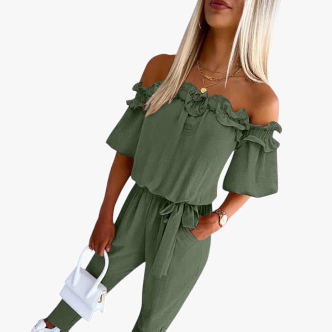 Women's Jumpsuit with Off-Shoulder Neckline and Tied Waist